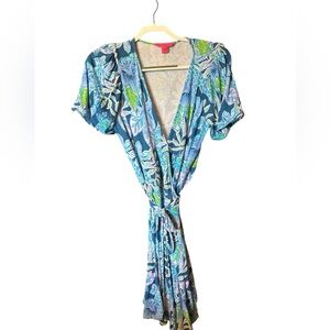 Lilly Pulitzer Blue and Green Puff Sleeve Wrap Sundress